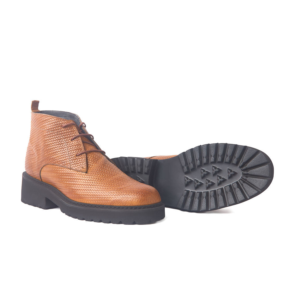 Cognac Crest Woven Leather Chukka Boots, Tan