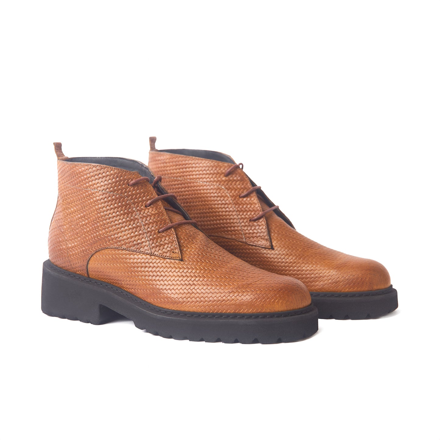 Cognac Crest Woven Leather Chukka Boots, Tan