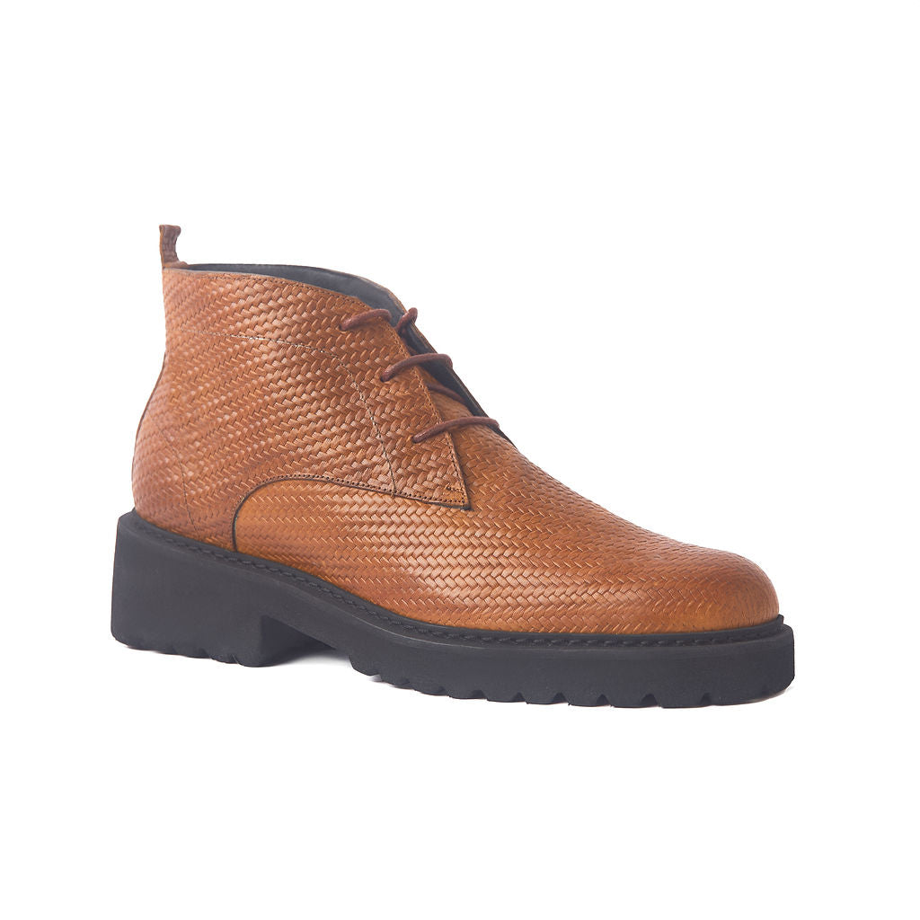 Cognac Crest Woven Leather Chukka Boots, Tan